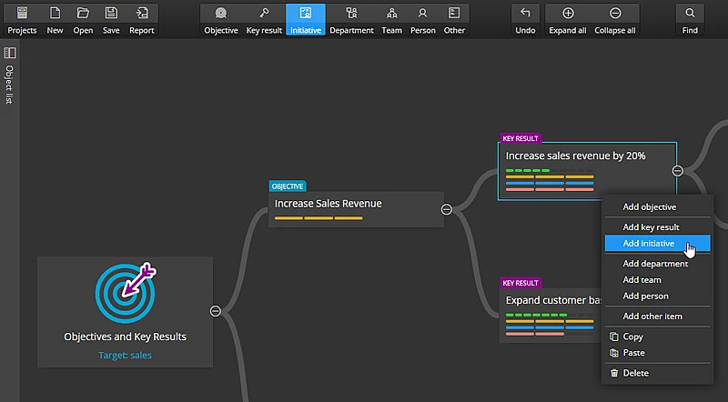 Adding items to Objective and Key Results diagram. 