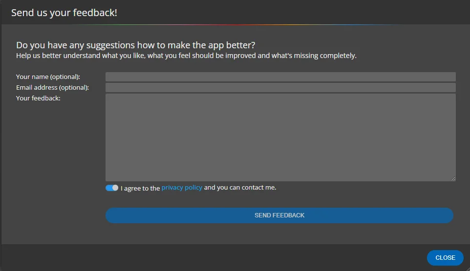 Feedback form in Ideamerit Designer - diagramming tool for OKRs, Mindmap and Decision Tree diagrams