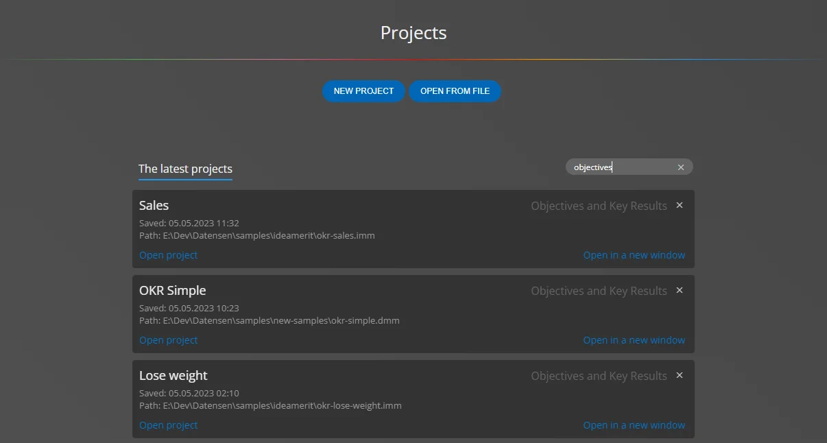 List of projects in Ideamerit Designer, OKR diagram tool.