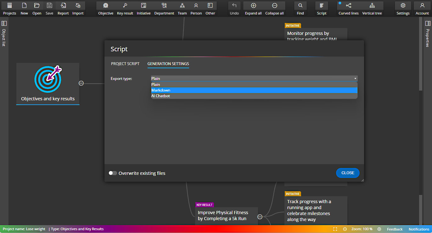 Setting the export type